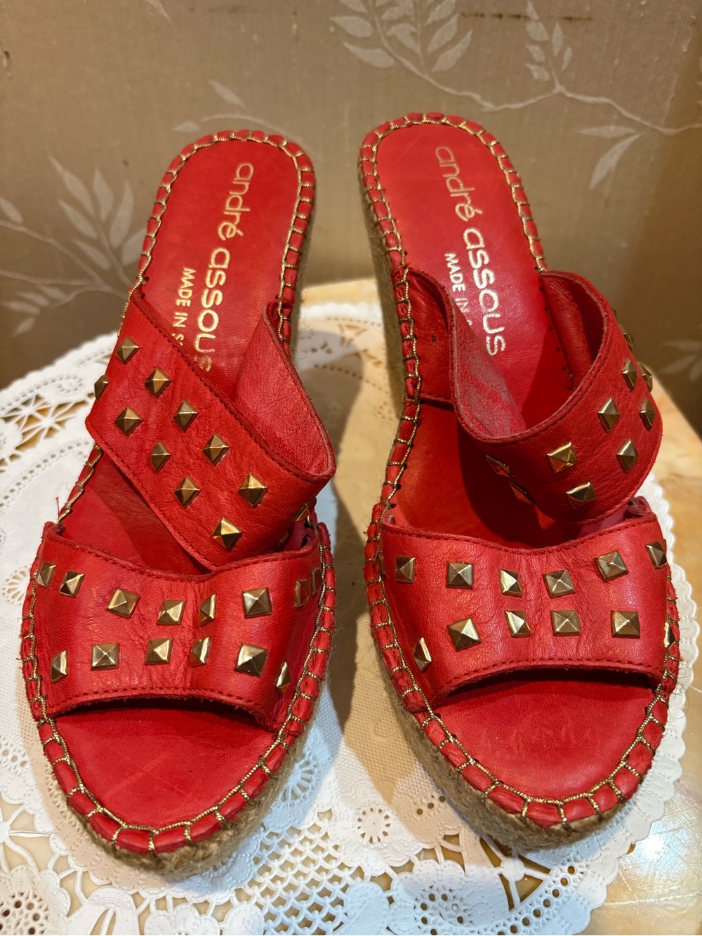 Andre Assous Red Studded Espadrille Wedge Sandals